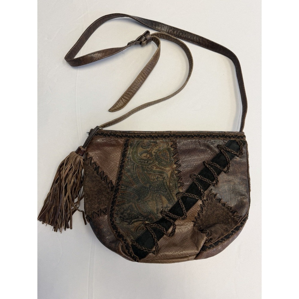 VTG SHARIF USA Color Block LIZARD CROC Embossed LEATHER PATCHWORK Crossbody  Bag